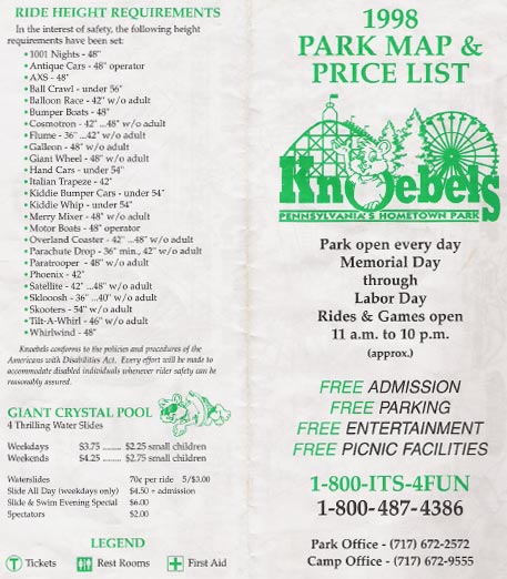 Knoebels Amusement Park Price List 1998_1