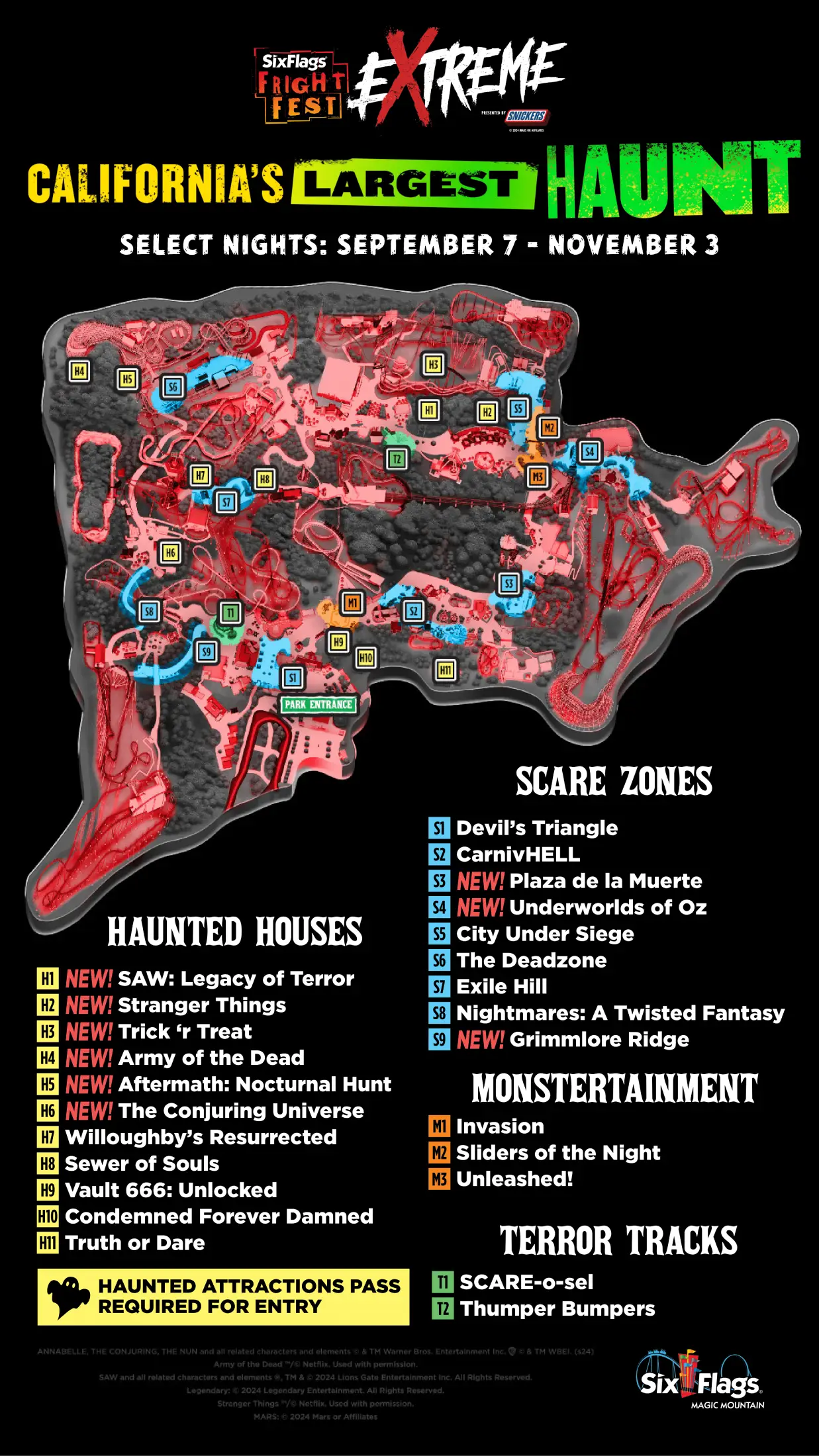 Six Flags Magic Mountain Map Fright Fest 2024