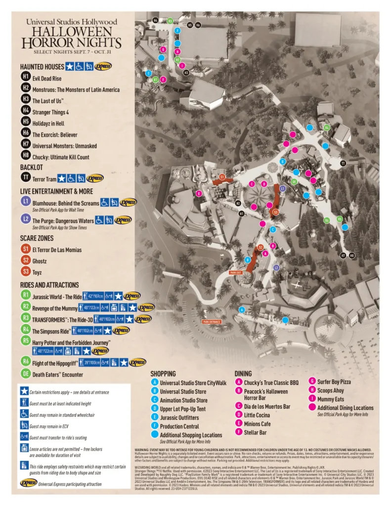 Universal Studios Hollywood Halloween Horror Nights Map 2023