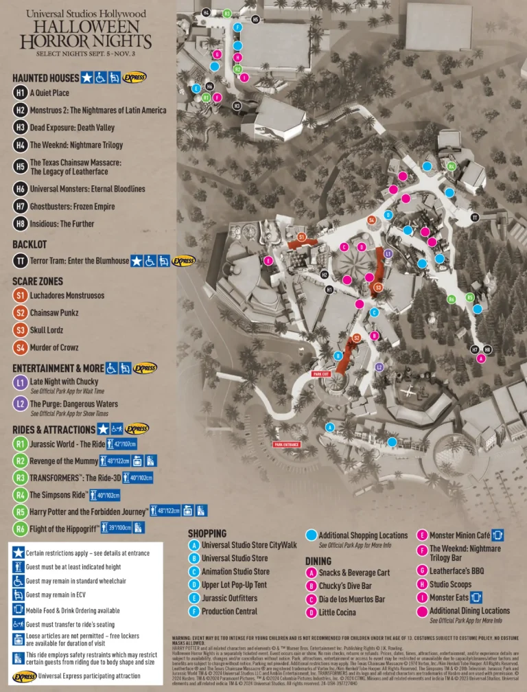 Universal Studios Hollywood Halloween Horror Nights Map 2024